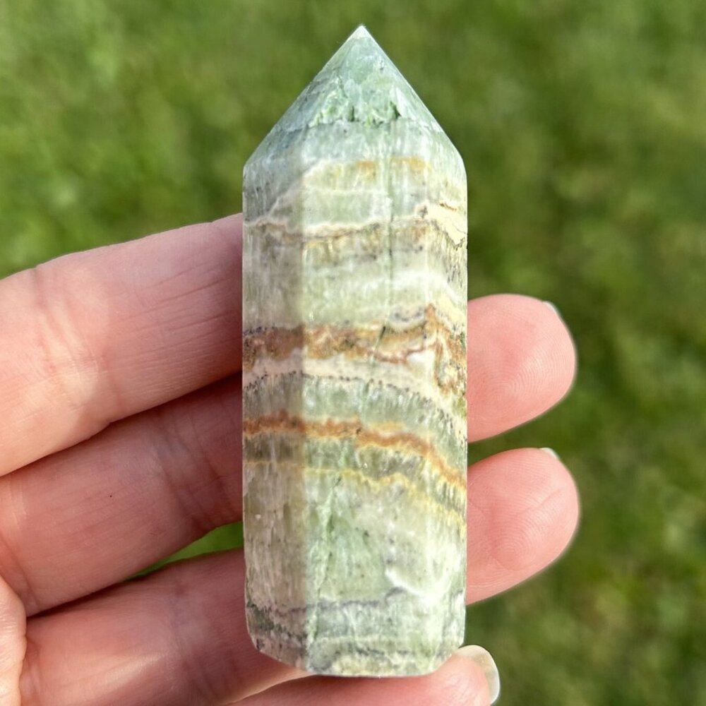 Banded Calcite Crystal Point Tower #4 - Carved Stone Wand Chakra Obelisk 2 5/8"